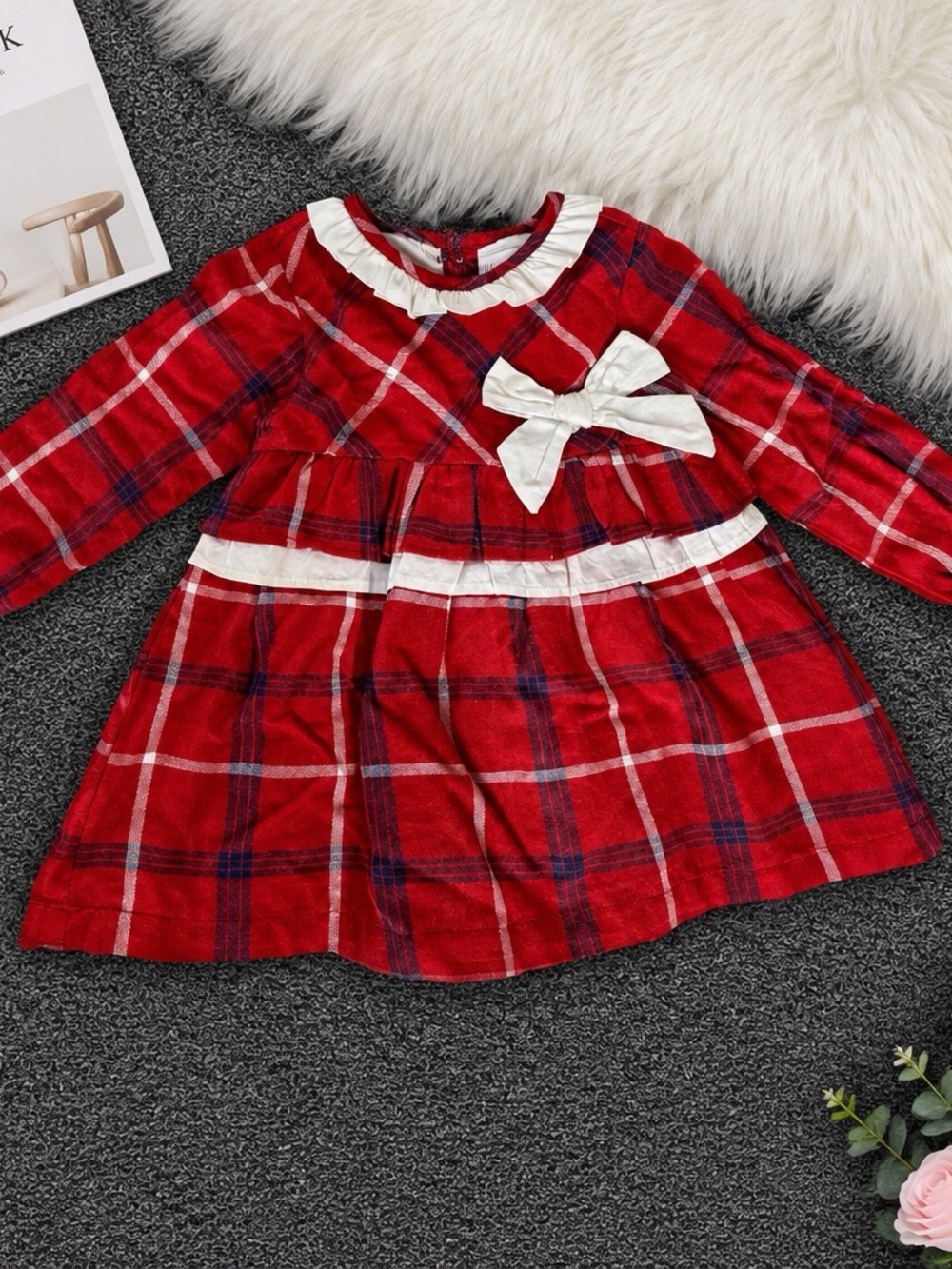 Red Plaid Bow Toddler Dress made in Spain